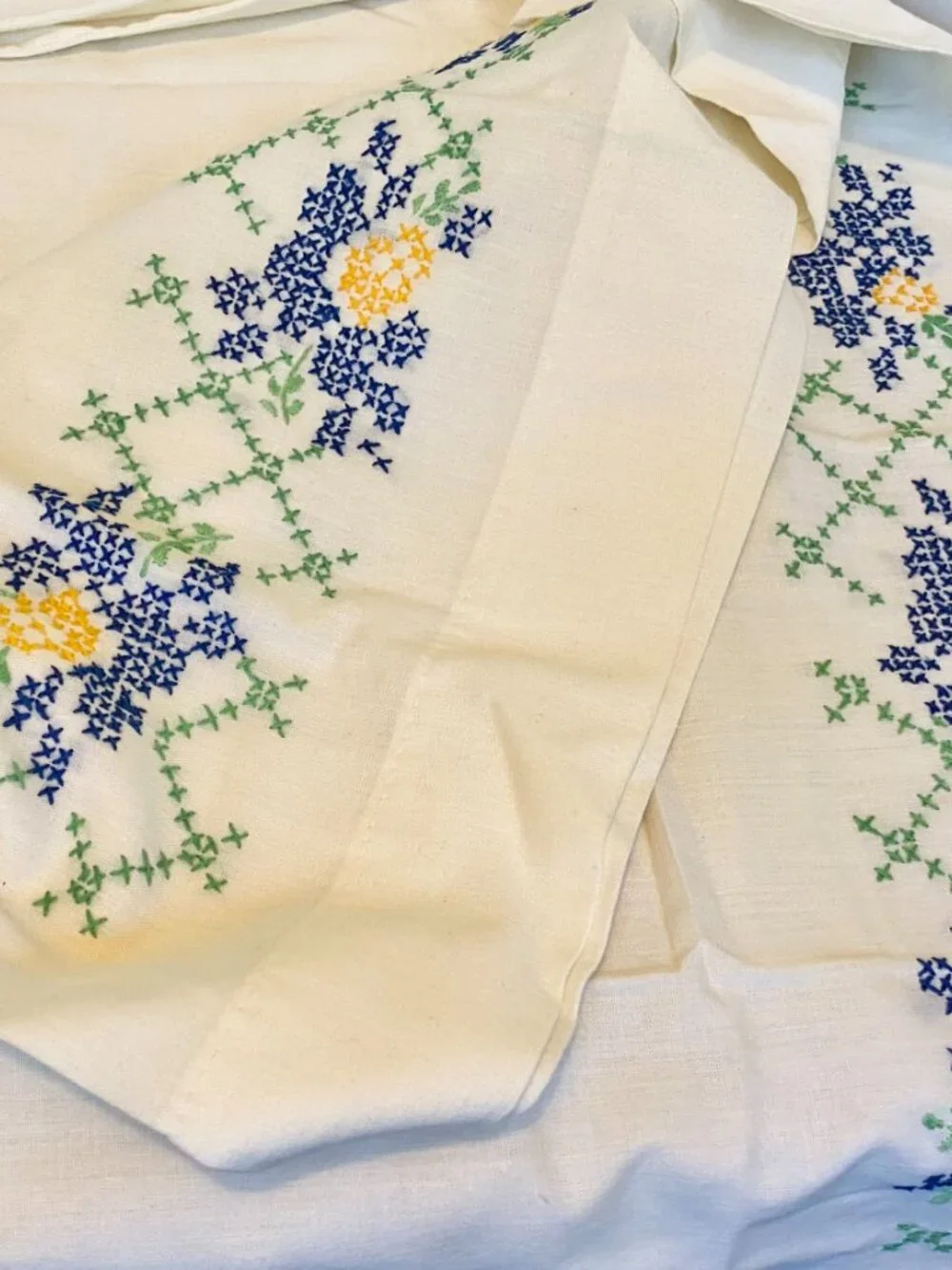 Antique TWO (2) Handmade Embroidered King Size Pillowcases CottageCore Country